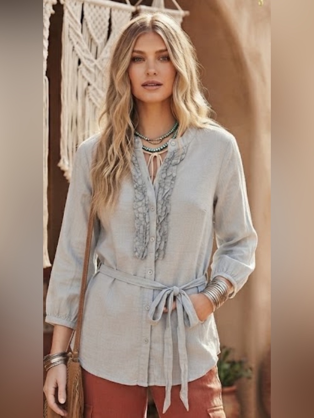 Ninety Light Blue Ruffle Tie Waist Button Front Tunic Top Sz XL